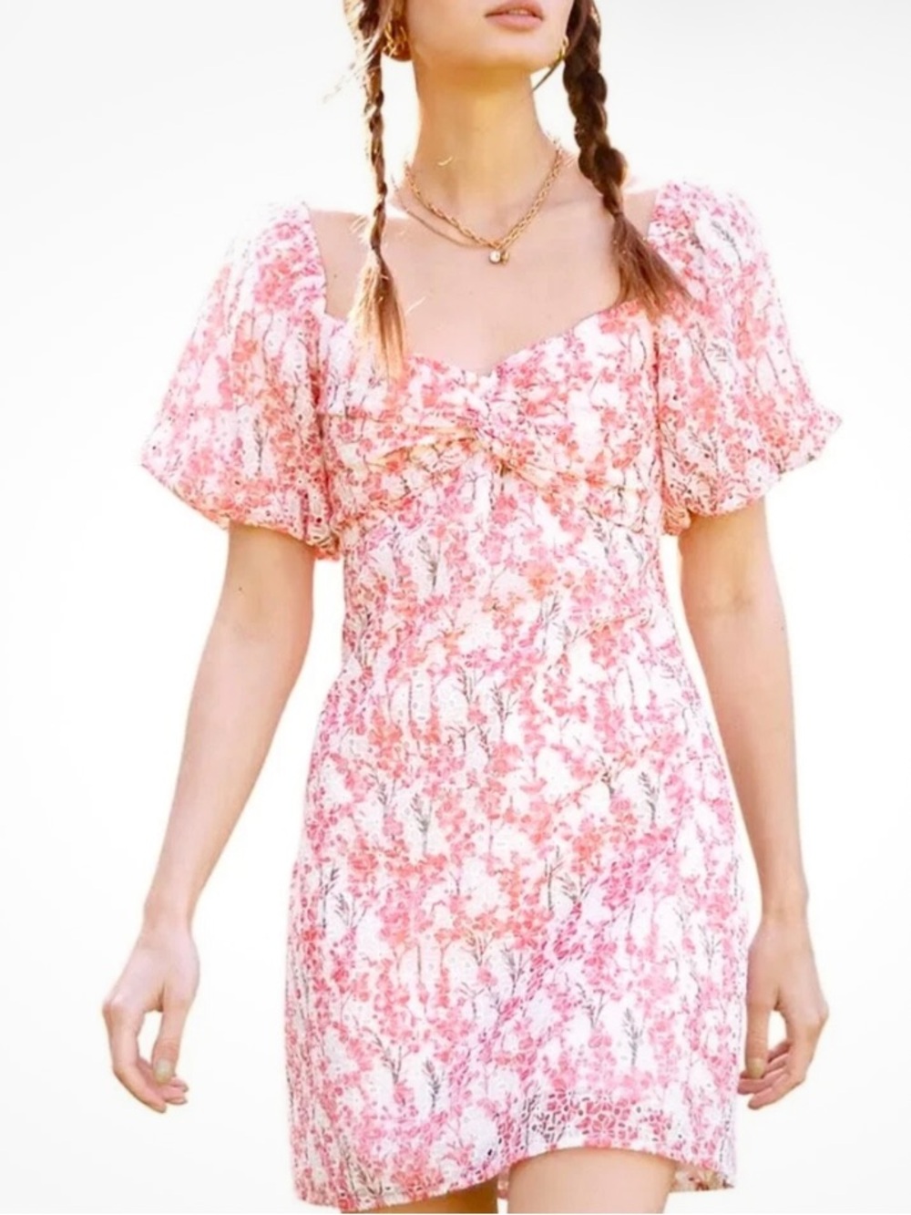 Adelyn Rae Coral and White Floral Eyelet Mini Dress